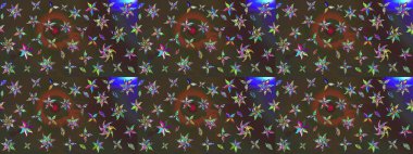 Sevimli çiçek raster deseni. Renkli Bahar Teması eskiz kalıbı. Kahverengi ve yeşil renkli çiçekler. Düz Çiçek Elementleri Tasarımı.