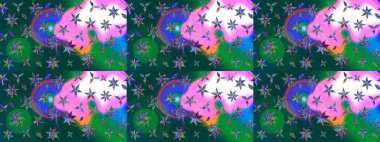 Küçük çiçekte hoş bir çiçek deseni var. Parlak çiçekli yeşil ve mavi renkler üzerine soyut çizim deseni. Çiçek elementli zarif raster dokusu..