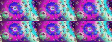 Raster illüstrasyonundaki çiçek desenli çizim. Mavi ve mor renkte çiçekler.