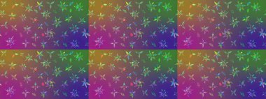 Tekstil, kumaş, ambalaj, hatıra defteri için hoş bir çiçek arkaplanı. Mor ve yeşil arka planda. Çocuksu tasarım. Elle çizilmiş karalama çiçekleri ile Raster çizim deseni.