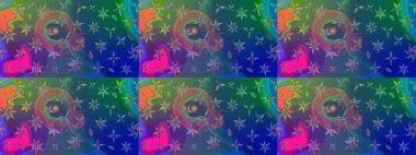 Raster illüstrasyonundaki çiçek desenli çizim. Renkli Bahar Teması eskiz kalıbı. Düz Çiçek Elementleri Tasarımı. Yeşil ve mavi renkte çiçekler.