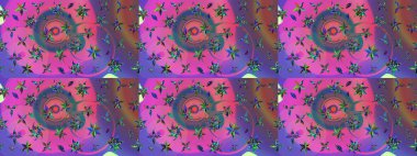 Menekşe ve pembe renklerde Asya tekstili. Raster illüstrasyonu. Suluboya çiçekli çiçek deseni.