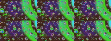 Raster illüstrasyonu. Çiçek desenli eskiz, darbeler, sıçramalar, yaz çiçekleri. Mor ve yeşil renkte çiçekler.