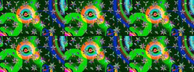 Halk tarzı. Modern çiçek arkaplanı. Moda baskıları için zarif bir şablon. Parlak renkli çiçekleri olan ve mavi ve yeşil renkli yaprakları olan inanılmaz bir çiçek deseni..