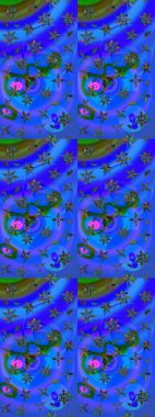 Mavi ve yeşil renkli bitkilerden oluşan parlak bir halı ile çizim deseni.