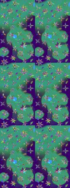 Karalama çiçekleri çizim kalıbı. Mavi ve yeşil el çizimi desen. Sanat ilham verir, yeşildir, çiçek açar ve arka plan bırakır. Raster deseni.