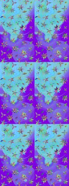 Renkli Yaz Temalı eskiz kalıbı. Raster Illustrasyon 'daki Çiçek Deseni' nin son moda çizimi. Düz Çiçek Elementleri Tasarımı. Mor ve mavi renkte çiçekler.