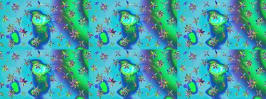 Raster illüstrasyonu. Suluboya tarzında mavi ve yeşil renklerde. Küçük çiçekli bahar deseni çiz.