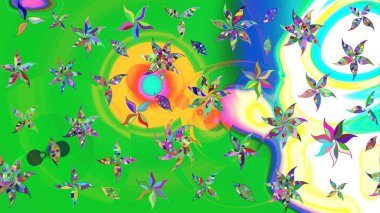 Yumuşak, bahar çiçekleri yeşil ve mavi renklerde. Çiçek ve yapraklı karalama şeklinde Raster çiçek deseni. Raster illüstrasyonu.