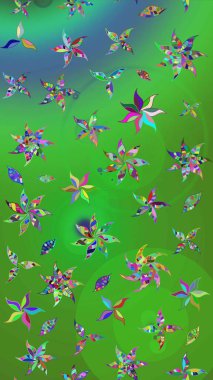 Suluboya elle çizilmiş çiçek desenli eskiz deseni. Parlak renkli fantezi çiçekleri, yapraklar, yeşil ve mavi renkli tomurcuklar yeşil ve mavi.