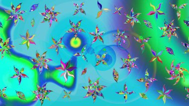 Raster illüstrasyonu. Çiçek ve yapraklı karalama şeklinde Raster çiçek deseni. Mavi ve yeşil renklerde bahar çiçekleri..