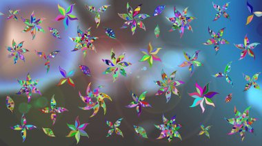 Düz Çiçek Elementleri Tasarımı. Mavi ve gri renkte çiçekler. Renkli Bahar Teması eskiz kalıbı. Raster illüstrasyonunda çiçek deseni çizimi.