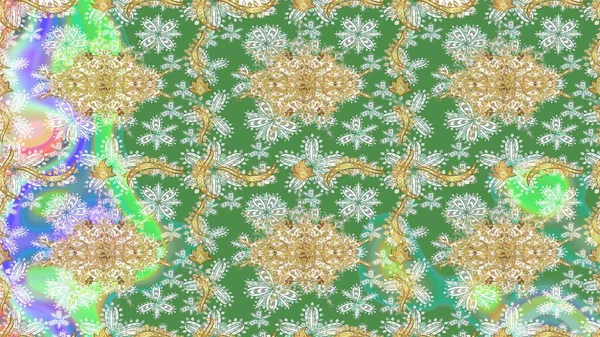 Altın şablonu çiz. Raster altın çiçek süsü brokar kumaş ve cam desenli. Çiçek desenli altın metal. Altın elementli yeşil renkler.