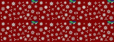 Raster - stok. Yapraklı çiçekler ve kırmızı renklerde papatya çiçekleri. Taslak arkaplan deseni.