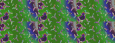 Kar tanesi raster deseni. Yeşil, mavi ve mor renkli kar taneleri. Raster illüstrasyonu. Renkli arka planda izole tatlı kar taneleri.