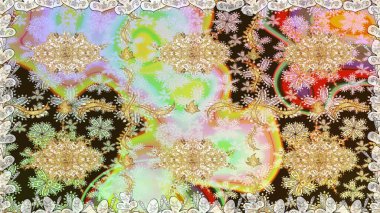 Tarafsız renklerde altın. Raster illüstrasyonu. Kusursuz ortaçağ çiçek deseni. Dekoratif simetri arabesk. Doğum günü, davetiye ya da afiş için tebrik kartı.