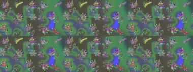 Raster suluboya çiçek deseni, narin çiçekler, yeşil, gri ve mavi çiçekler, tebrik kartı şablonu. Güzel kumaş deseni.