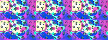 Robot resim. Mavi ve mor renkli çiçekler. Raster illüstrasyonu. Şirin çiçek elementleri..