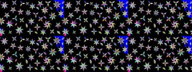 Siyah ve mavi renkte çiçekler. Hediye ambalaj kağıdı, tebrik kartları, posterler ve pankart tasarımı. Raster düz çiçek çizim deseni.