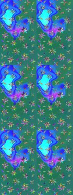 Raster illüstrasyonundaki çiçek desenli çizim. Suluboya tarzında mavi ve yeşil renkte çiçekler.