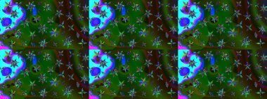 Raster illüstrasyonundaki çiçek desenli çizim. Suluboya tarzında yeşil ve mavi renkte çiçekler.