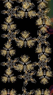 Raster Modaya uygun kumaş deseni. Siyah ve kahverengi renkli şirin çiçek desenleri. Renkli Bahar Teması eskiz kalıbı. Düz Çiçek Elementleri Tasarımı.