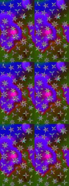 Çok renkli, zarif küçük çiçekler ve mor renkli komik böcekler, raster deseni, illüstrasyon..