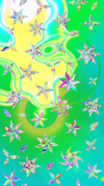 Çiçekli ipek eşarp. El çizimi çiçek unsurları olan soyut çizim raster deseni. 1950-1960 motifleri. Retro tekstil tasarım koleksiyonu. Yeşil ve mavi, yeşil ve mavi.