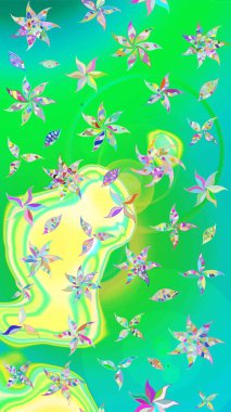 Çiçekli yumuşak bir eskiz şekli. Raster çiçekleri klasik tarzda çizilmiş. Yumuşak, bahar çiçekleri yeşil ve mavi renklerde. Raster illüstrasyonu.