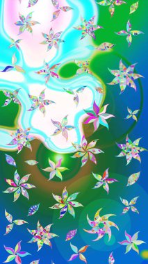 Çiçekli karalama şeklinde Raster çiçek deseni. Yumuşak, yaz çiçekleri mavi ve yeşil renklerde. Raster illüstrasyonu.