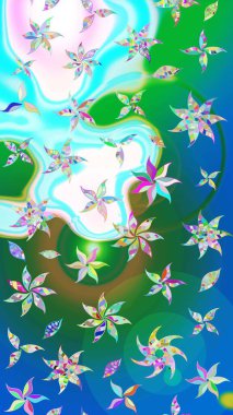 Mavi ve yeşil renkler üzerine çiçek desenli eskiz, el yapımı papatyalar, papatyalar. Tekrarlayan çiçek arkaplanı, zarif mavi ve yeşil çiçek duvar kağıdı.