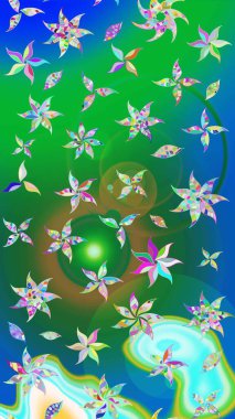 Raster illüstrasyonundaki çiçek desenli çizim. Suluboya tarzında yeşil ve mavi renkte çiçekler.