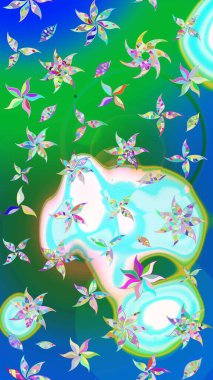 Raster illüstrasyonundaki çiçek desenli çizim. Suluboya tarzında yeşil ve mavi renkte çiçekler.