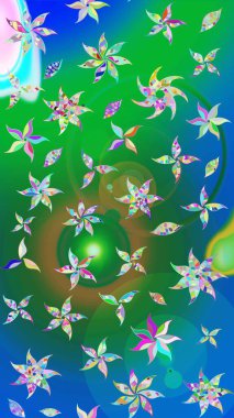 Raster Illustrasyon 'daki Çiçek Deseni' nin son moda çizimi. Yeşil ve mavi renkte çiçekler. Renkli Yaz Temalı eskiz kalıbı. Düz Çiçek Elementleri Tasarımı.