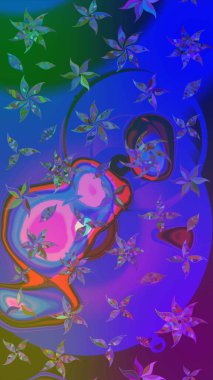 Elle çizilmiş çiçek desenli Raster çizimi. Tekstil, kumaş, ambalaj, hatıra defteri için hoş bir çiçek arkaplanı. Çocuksu tasarım. Mavi ve mor arkaplanda.