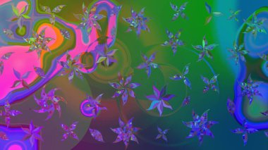 Raster illüstrasyonundaki çiçek desenli çizim. Suluboya tarzında yeşil ve mavi renkte çiçekler.