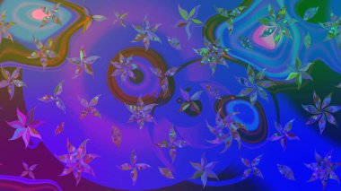 Gömlek baskısı için çiçek boyası. Çiçek desenli eskiz. Mavi ve mor renkte çiçekler.