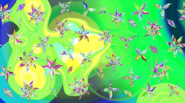 Parlak renkli çiçekleri ve yeşil ve mavi renkli yaprakları olan harika bir çiçek deseni. Moda baskıları için zarif bir şablon. Modern çiçek arkaplanı. Halk stili.