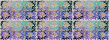 Çizgi sanatı tasarım şablonu için kusursuz sınır. Davetiyeler, kartlar, web sayfası için Raster illüstrasyon. Altın desenli çiçek dekoru. Tarafsız ve mavi renklerde altın element. Doğu tarzı ögesi.