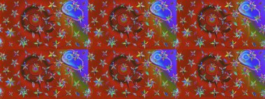 Tekrar eden çiçek arkaplanı, zarif kahverengi ve kırmızı çiçek duvar kağıdı. Kahverengi ve kırmızı renkler üzerine çiçek desenli çizimler, el yapımı papatyalar, papatyalar..