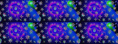 Mavi ve mor renkli bitkilerden oluşan parlak çiçekli çizim deseni.