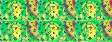 Suluboya elle çizilmiş çiçek desenli eskiz deseni. Parlak renkli fantezi çiçekleri, yapraklar, yeşil ve sarı renkli tomurcuklar yeşil ve sarı.