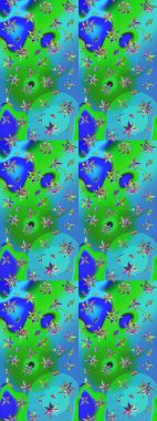 Hediye ambalaj kağıdı, tebrik kartları, posterler ve pankart tasarımı. Raster düz çiçek çizim deseni. Yeşil ve mavi renkte çiçekler.