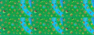 Raster illüstrasyonu. Renkli Bahar Teması eskiz kalıbı. Yeşil ve mavi renkte çiçekler. Düz Çiçek Elementleri Tasarımı. Çiçekli çiçek deseni, suluboya..