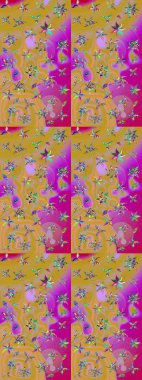 Çiçek desenli çizim. Asya tekstil tarzında. Raster illüstrasyonu. Renkli Bahar Teması eskiz kalıbı. Düz Çiçek Elementleri Tasarımı. Sarı ve nötr renkte çiçekler.