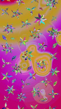 Yaz çiçekleri teması. Magenta ve sarı renkler. El çizimi, soyut ve süslü elementler. Suluboya resim taklit Raster çizimi. Klasik çiçekler..