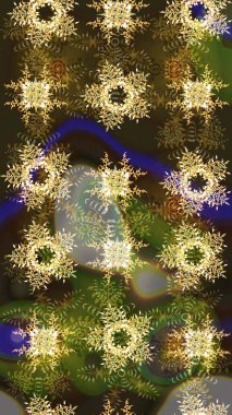 Raster illüstrasyonu. Kar tanelerinin soyut arkaplanlı Noel şablonu. Kahverengi, yeşil ve gri renkler. Noel ve Yeni Yıl moda baskıları için tatil tasarımı.