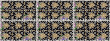 Gri ve siyah renklerde altın elementlerle kusursuz desen. Raster oryantal süs. Kusursuz altın desen.