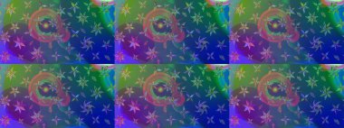 Yeşil ve mavi renkler üzerine çiçek desenli eskiz, el yapımı papatyalar, papatyalar. Tekrarlayan çiçek arkaplanı, zarif yeşil ve mavi çiçekler duvar kağıdı.