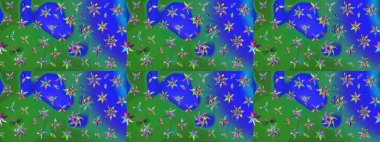 Yeşil ve mavi renkte çiçekler. Raster düz çiçek çizim deseni. Tasarım hediye paketi, tebrik kartları, posterler ve afiş tasarımı.